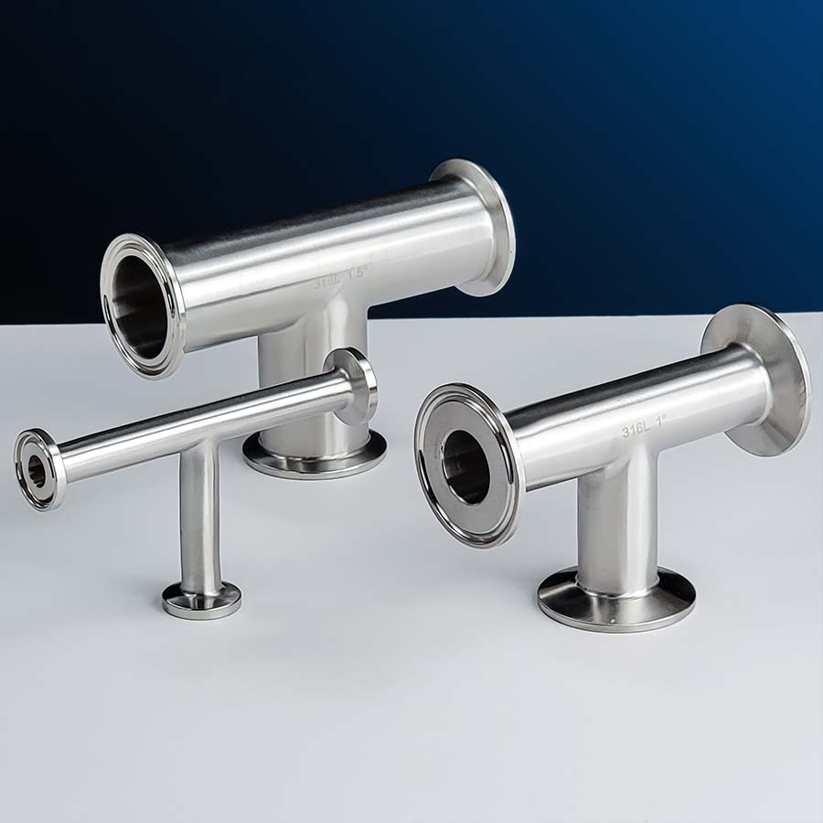sanitary tri-clamp tees on a table
